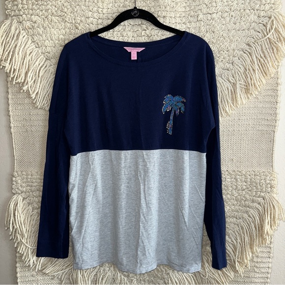 LILLY PULITZER gray and blue Palm Beach long sleeve Finn spirit jersey tee S - Picture 4 of 10